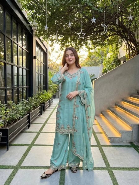 Design Craft Aqua Green Roman Glass Embroidered Top Palazzo Set with Georgette Dupatta Ready To Wear Suit