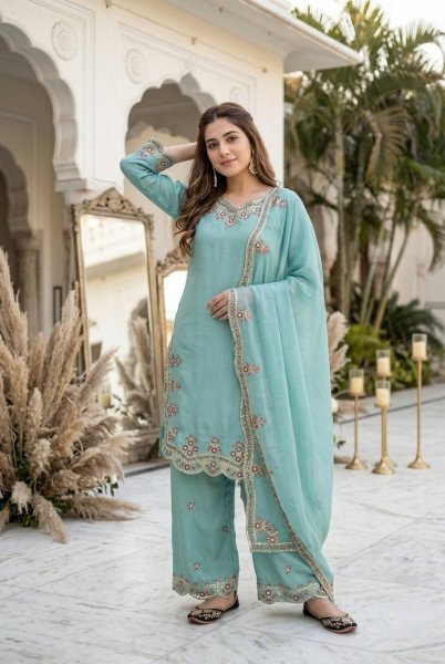 Design Craft Aqua Green Roman Glass Embroidered Top Palazzo Set with Georgette Dupatta Ready To Wear Collection