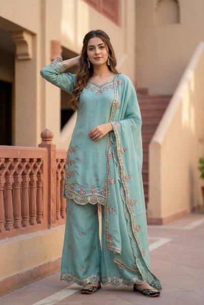 Design Craft Aqua Green Roman Glass Embroidered Top Palazzo Set with Georgette Dupatta Ready To Wear Collection