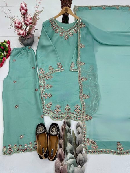 Design Craft Aqua Green Roman Glass Embroidered Top Palazzo Set with Georgette Dupatta Ready To Wear Collection