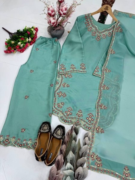 Design Craft Aqua Green Roman Glass Embroidered Top Palazzo Set with Georgette Dupatta Ready To Wear Collection