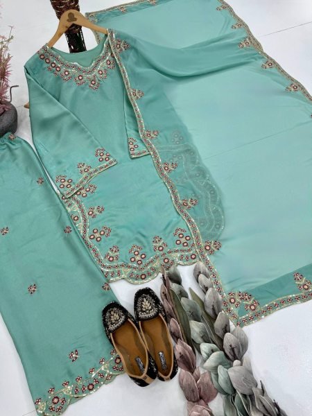Design Craft Aqua Green Roman Glass Embroidered Top Palazzo Set with Georgette Dupatta Ready To Wear Collection