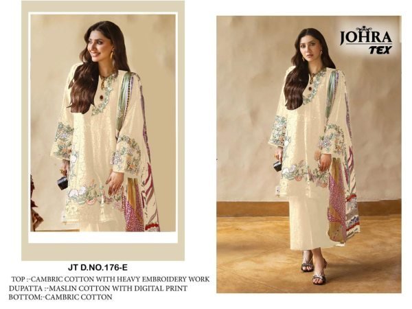 Design No.176 E Cotton Embroidered Suit Set with Maslin Digital Print Dupatta from Johra Catalog  Cotton Salwar Kameez Wholesale