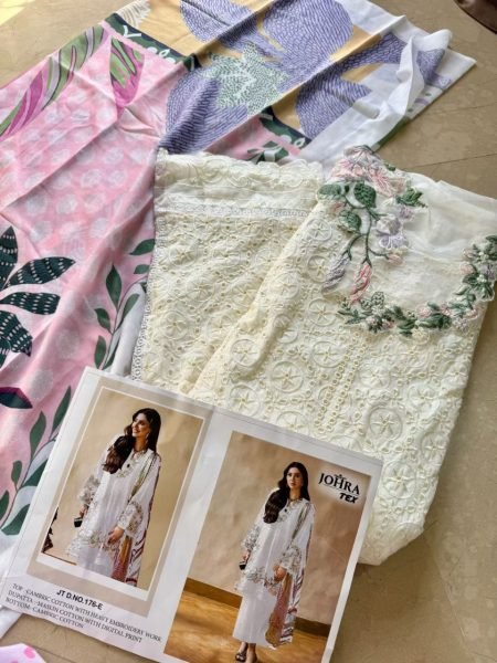 Design No.176 E Cotton Embroidered Suit Set with Maslin Digital Print Dupatta from Johra Catalog  Cotton Salwar Kameez Wholesale