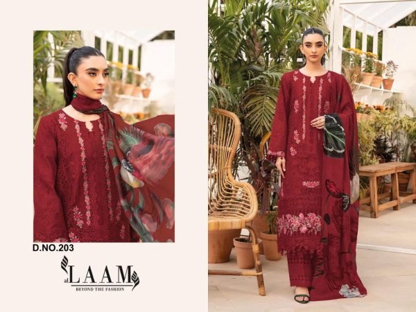 Design No 203 Camric Cotton Embroidered Suit Set with Cotton Digital Print Dupatta by LAAM Fashion Cotton Salwar Kameez Wholesale