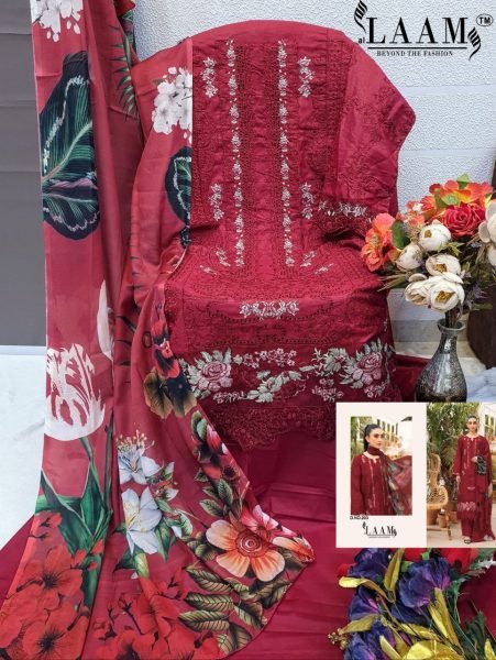Design No 203 Camric Cotton Embroidered Suit Set with Cotton Digital Print Dupatta by LAAM Fashion Cotton Salwar Kameez Wholesale