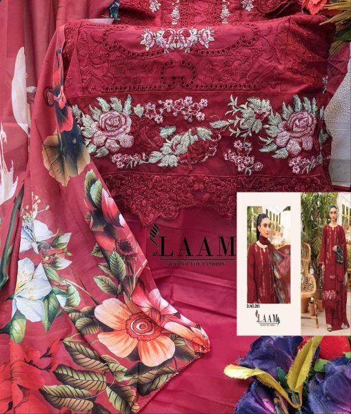Design No 203 Camric Cotton Embroidered Suit Set with Cotton Digital Print Dupatta by LAAM Fashion Cotton Salwar Kameez Wholesale