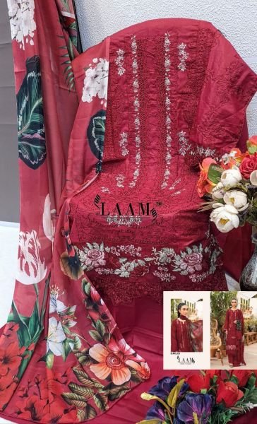 Design No 203 Camric Cotton Embroidered Suit Set with Cotton Digital Print Dupatta by LAAM Fashion Cotton Salwar Kameez Wholesale