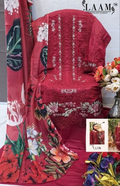 Design No 203 Camric Cotton Embroidered Suit Set with Cotton Digital Print Dupatta by LAAM Fashion Cotton Salwar Kameez Wholesale