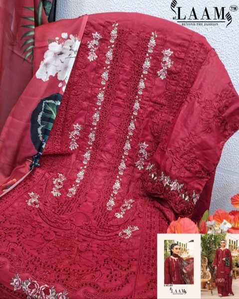 Design No 203 Camric Cotton Embroidered Suit Set with Cotton Digital Print Dupatta by LAAM Fashion Cotton Salwar Kameez Wholesale