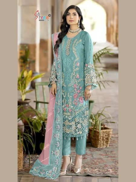 Design No 5539 B Sky Blue Semi Stitch Chiffon Embroidered Dress Material by Shree Fab  Churidar Salwar Suits Wholesale