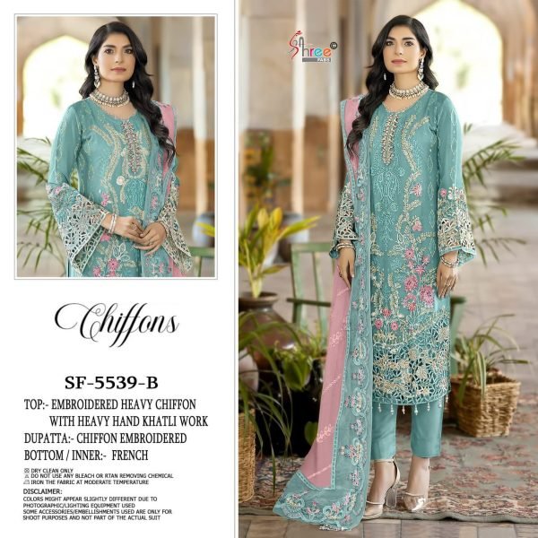 Design No 5539 B Sky Blue Semi Stitch Chiffon Embroidered Dress Material by Shree Fab  Churidar Salwar Suits Wholesale