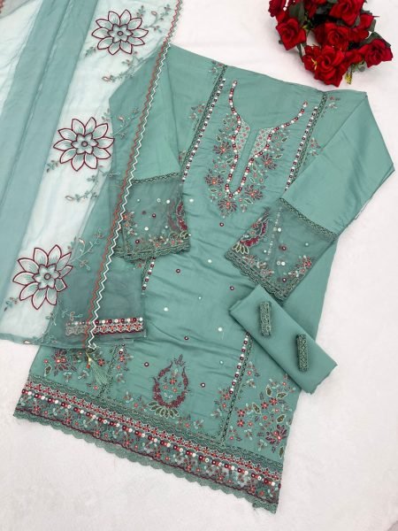 Design No.723-B Pakistani Cotton Embroidered Suit with Organza Silk Dupatta for Party Wear Cotton Salwar Kameez Wholesale