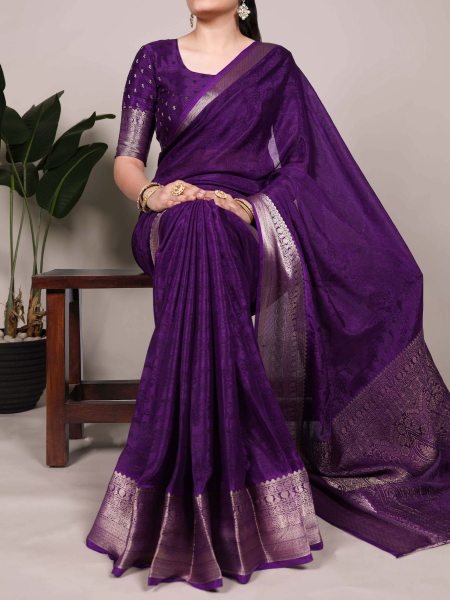 Wedding Ready Royal Purple Chinon Saree with Zari Weaving  & Luxe Pallu Finish 