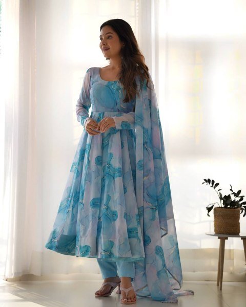 Marble Print Organza Anarkali Set with Gota Dupatta Soft & Flowing Festive Look Anarkali Kurtis 