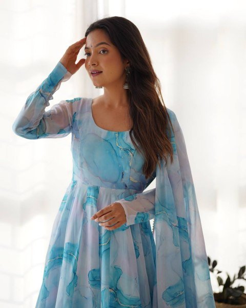 Marble Print Organza Anarkali Set with Gota Dupatta Soft & Flowing Festive Look Anarkali Kurtis 