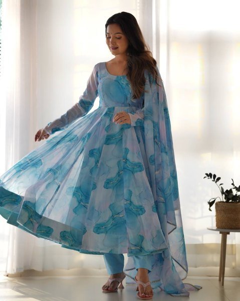 Marble Print Organza Anarkali Set with Gota Dupatta Soft & Flowing Festive Look Anarkali Kurtis 
