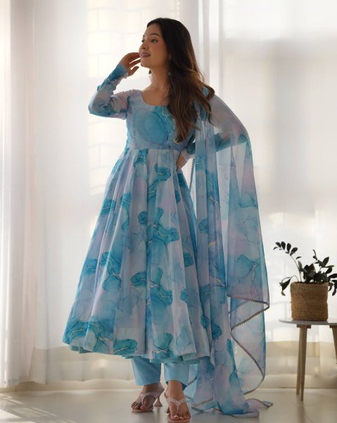 Marble Print Organza Anarkali Set with Gota Dupatta Soft & Flowing Festive Look Anarkali Kurtis 