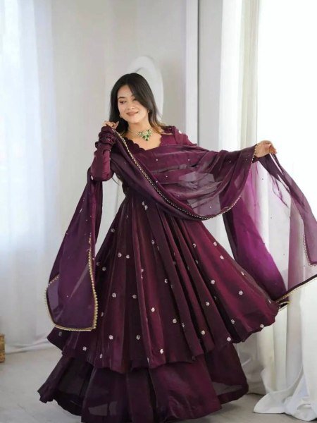 Designer 2026 Long Anarkali Gown in Crunchy Silk with Sequence Embroidery Work and Dupatta Set 