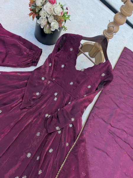 Designer 2026 Long Anarkali Gown in Crunchy Silk with Sequence Embroidery Work and Dupatta Set Ready To Wear Collection