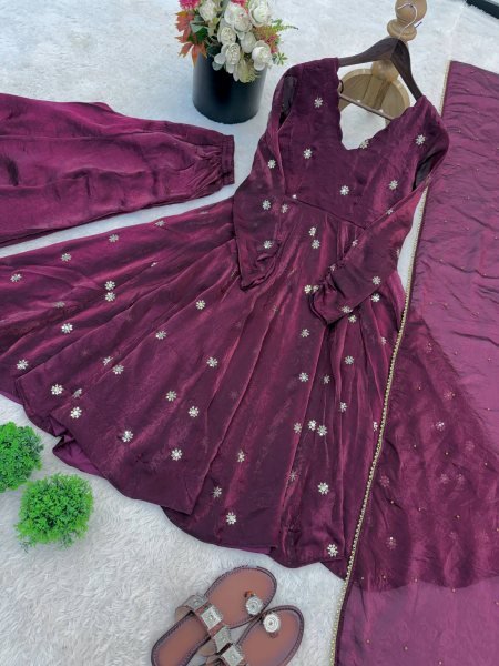 Designer 2026 Long Anarkali Gown in Crunchy Silk with Sequence Embroidery Work and Dupatta Set Ready To Wear Collection