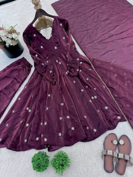 Designer 2026 Long Anarkali Gown in Crunchy Silk with Sequence Embroidery Work and Dupatta Set Ready To Wear Collection