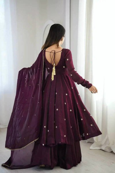 Designer 2026 Long Anarkali Gown in Crunchy Silk with Sequence Embroidery Work and Dupatta Set Ready To Wear Collection