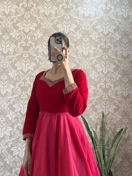 Designer 9000 Velvet Gown with Kardana Hand Work   Cut Work Dupatta Party   Wedding Wear Kurti With Dupatta Wholesale