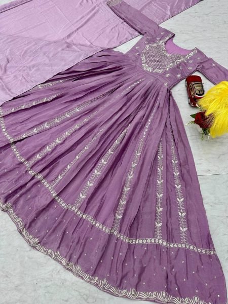 Designer Anarkali Classy Lavender Chinon Designer Function Wear Anarkali Gown  Anarkali Kurtis 