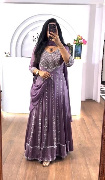 Designer Anarkali Classy Lavender Chinon Designer Function Wear Anarkali Gown  Anarkali Kurtis 