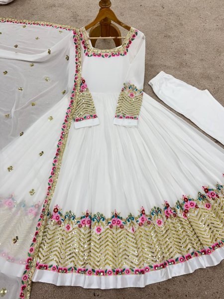 White Heavy Embroidered Anarkali Gown Set Party Collection at Manufacturer Rate Anarkali Kurtis 