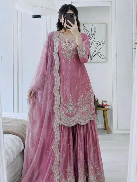Designer Baby Pink Fendy Silk Short Top And Sharara With Sequence Work For Festival Wear Ready To Wear Suit