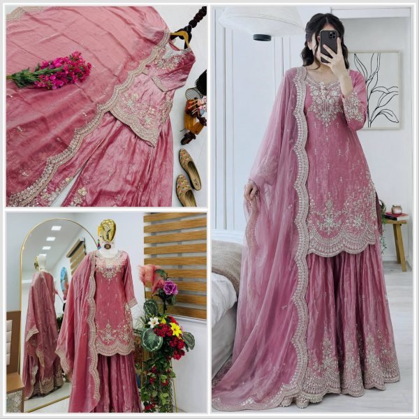 Designer Baby Pink Fendy Silk Short Top And Sharara With Sequence Work For Festival Wear Ready To Wear Collection