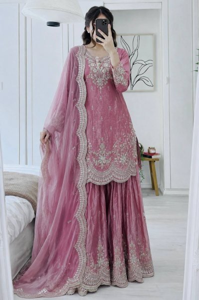 Designer Baby Pink Fendy Silk Short Top And Sharara With Sequence Work For Festival Wear Ready To Wear Collection