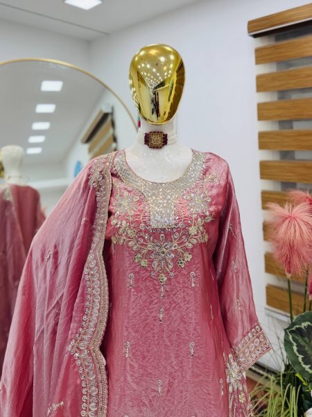 Designer Baby Pink Fendy Silk Short Top And Sharara With Sequence Work For Festival Wear Ready To Wear Collection