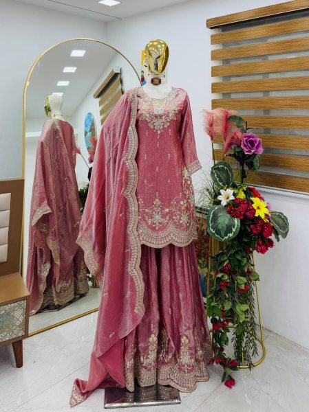 Designer Baby Pink Fendy Silk Short Top And Sharara With Sequence Work For Festival Wear Ready To Wear Collection