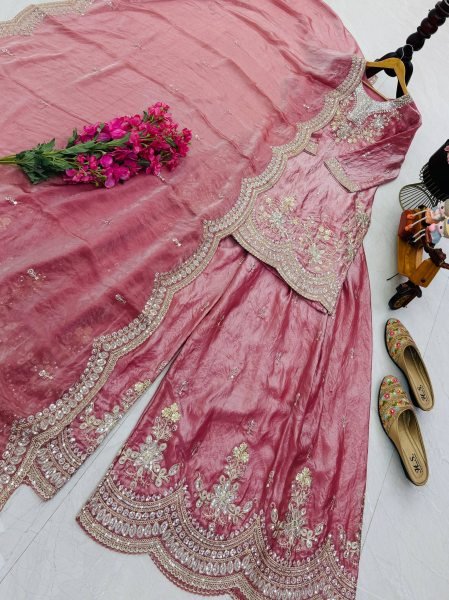 Designer Baby Pink Fendy Silk Short Top And Sharara With Sequence Work For Festival Wear Ready To Wear Collection