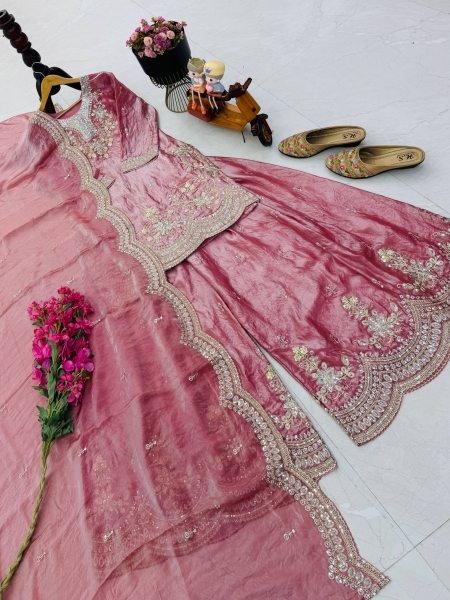 Designer Baby Pink Fendy Silk Short Top And Sharara With Sequence Work For Festival Wear Ready To Wear Collection