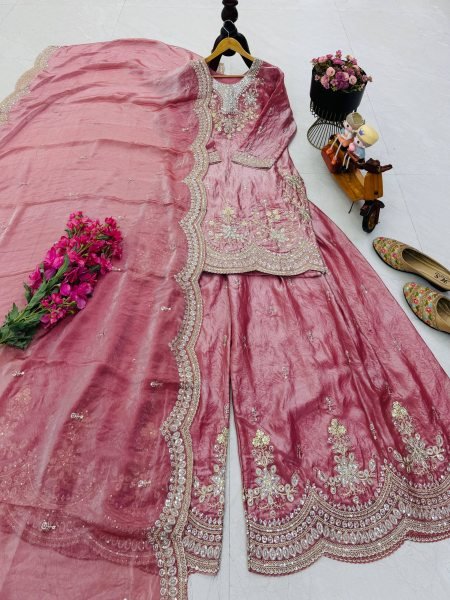 Designer Baby Pink Fendy Silk Short Top And Sharara With Sequence Work For Festival Wear Ready To Wear Collection