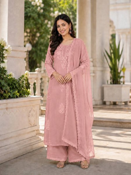Designer Baby Pink Fox Blooming Georgette Party Wear Suit with Embroidered Long Top and Palazzo Ready To Wear Collection