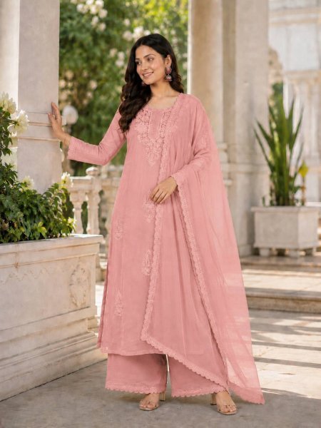 Designer Baby Pink Fox Blooming Georgette Party Wear Suit with Embroidered Long Top and Palazzo Ready To Wear Collection