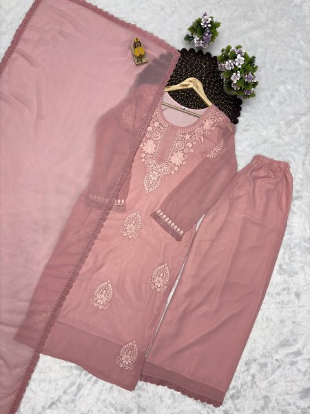 Designer Baby Pink Fox Blooming Georgette Party Wear Suit with Embroidered Long Top and Palazzo Ready To Wear Collection