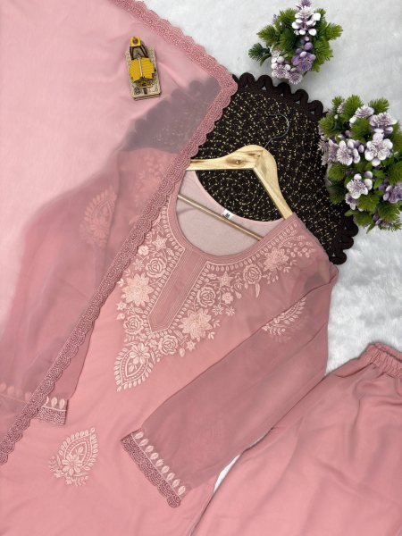 Designer Baby Pink Fox Blooming Georgette Party Wear Suit with Embroidered Long Top and Palazzo Ready To Wear Collection