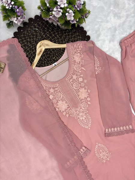 Designer Baby Pink Fox Blooming Georgette Party Wear Suit with Embroidered Long Top and Palazzo Ready To Wear Collection