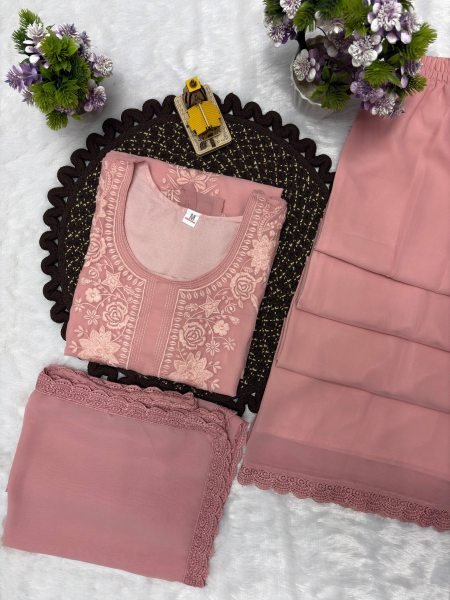 Designer Baby Pink Fox Blooming Georgette Party Wear Suit with Embroidered Long Top and Palazzo Ready To Wear Collection