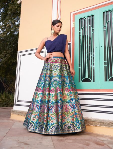 Designer Banarasi Silk Lehenga Choli with Intricate Zari Work Ready Made Blue Lehenga at Wholesale Price for Online Sale Designer Lehenga Choli