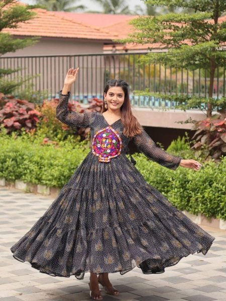 Designer Black Anarkali Gown with Bandhani Print and Real Mirror Work Garba Look Shop by Occasion