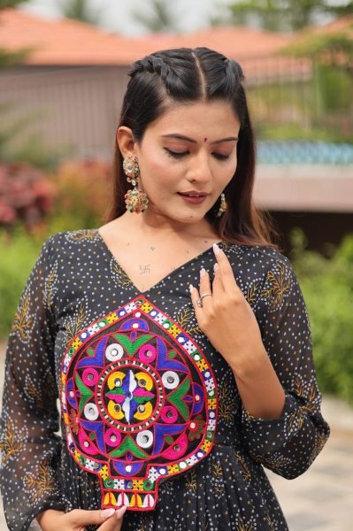Designer Black Anarkali Gown with Bandhani Print and Real Mirror Work Garba Look Navratri Collection