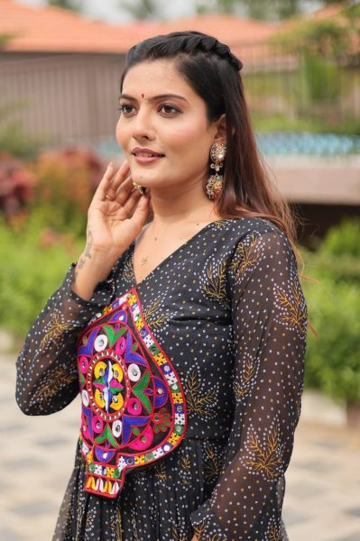 Designer Black Anarkali Gown with Bandhani Print and Real Mirror Work Garba Look Navratri Collection