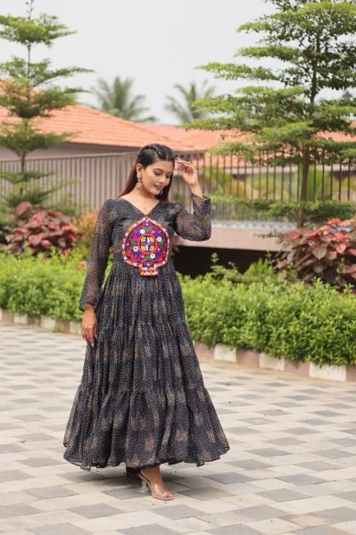Designer Black Anarkali Gown with Bandhani Print and Real Mirror Work Garba Look Navratri Collection